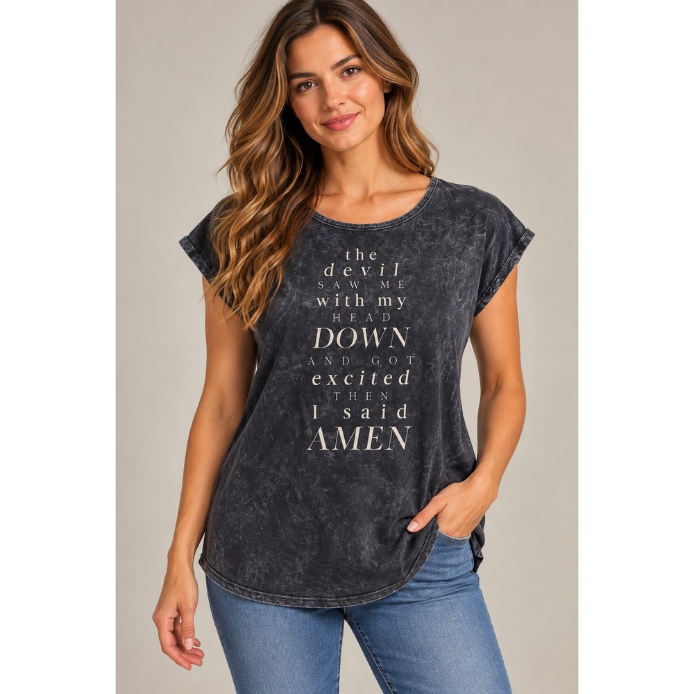 Womens Acid Wash Graphic Tee Amen Faith Quote Mineral Wash Top Black